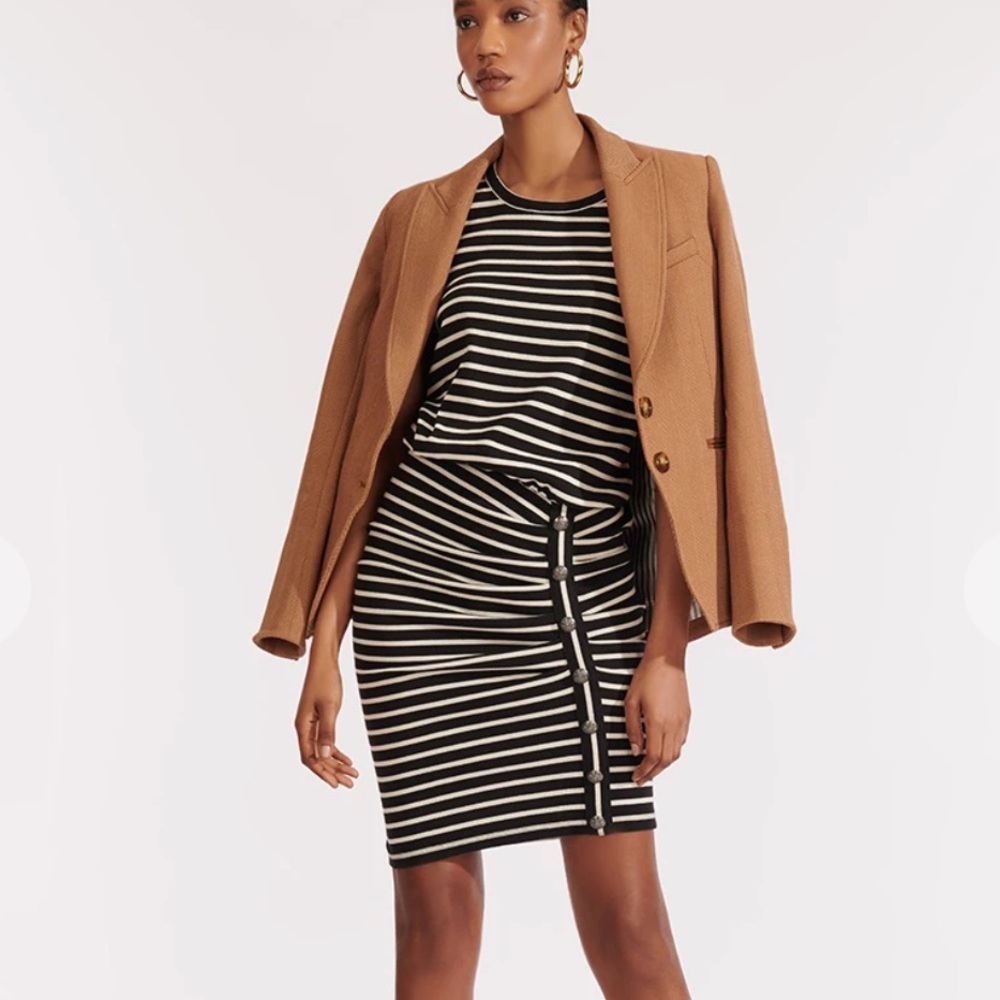 Veronica Beard Black and White Striped Knit Dress with Camel Blazer
